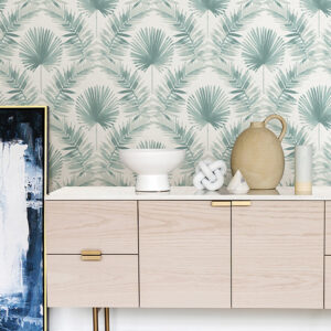 Calla Teal Painted Palm Wallpaper