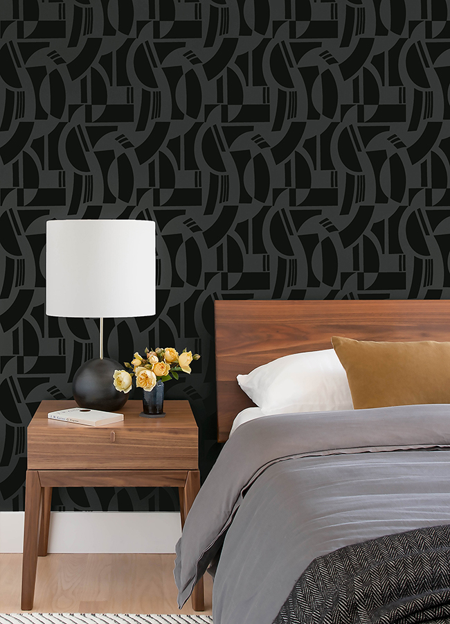 Carter Black Geometric Flock Wallpaper by Scott Living - Image 2