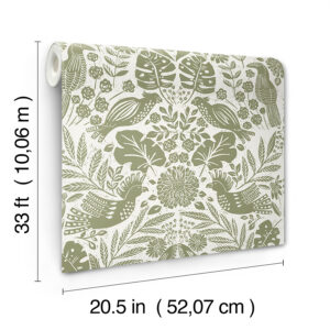 Nestle Green Bird Block Print Wallpaper