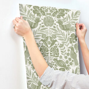 Nestle Green Bird Block Print Wallpaper